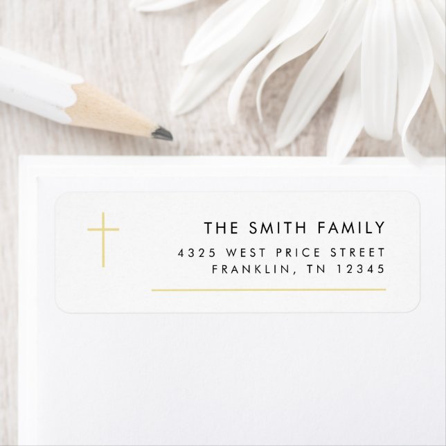 Modern Minimal Gold Cross Baptism Return Address  (Insitu)