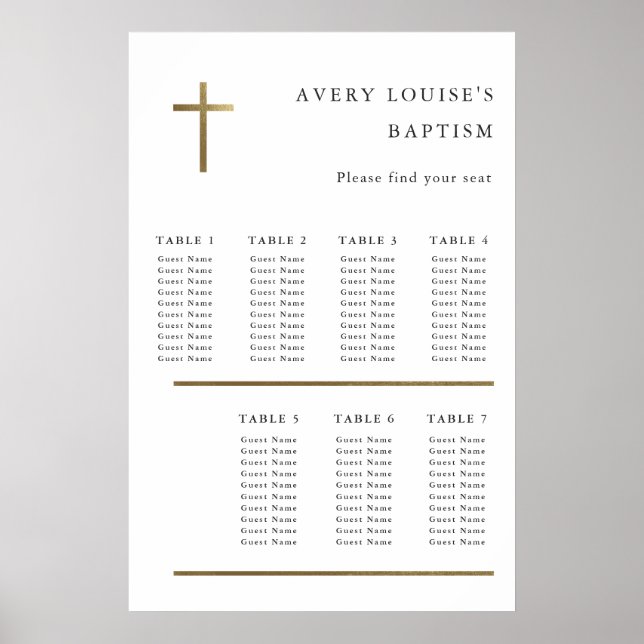 Modern Minimal Gold Cross Baptism Seating Chart (Front)