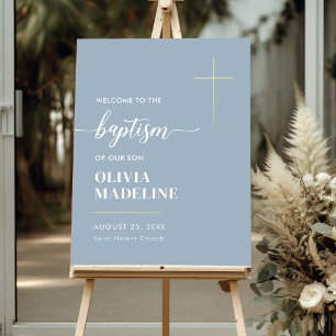 Modern Minimal Gold Cross Baptism Welcome Sign