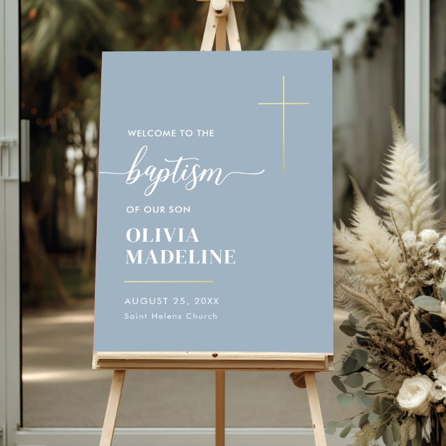 Modern Minimal Gold Cross Baptism Welcome Sign (Creator Uploaded)