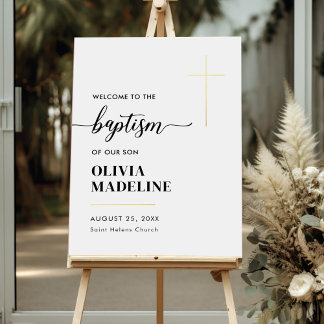 Modern Minimal Gold Cross Baptism Welcome Sign