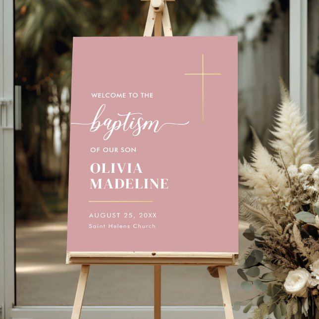 Modern Minimal Gold Cross Baptism Welcome Sign (Creator Uploaded)