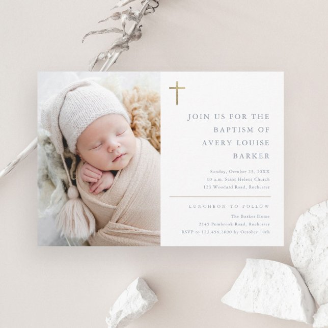 Modern Minimal Gold Cross Photo Baptism Invitation (Creator Uploaded)