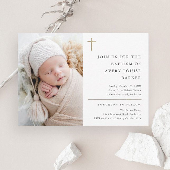 Modern Minimal Gold Cross Photo Baptism Invitation (Creator Uploaded)
