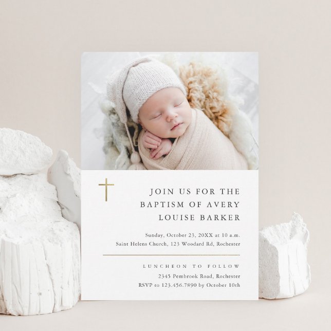 Modern Minimal Gold Cross Photo Baptism Invitation (Creator Uploaded)