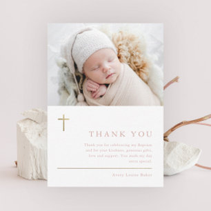 Modern Minimal Gold Cross Photo Baptism Thank You