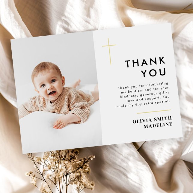 Modern Minimal Gold Cross Photo Baptism Thank You Card (Creator Uploaded)