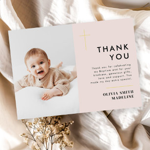 Modern Minimal Gold Cross Photo Baptism Thank You Card