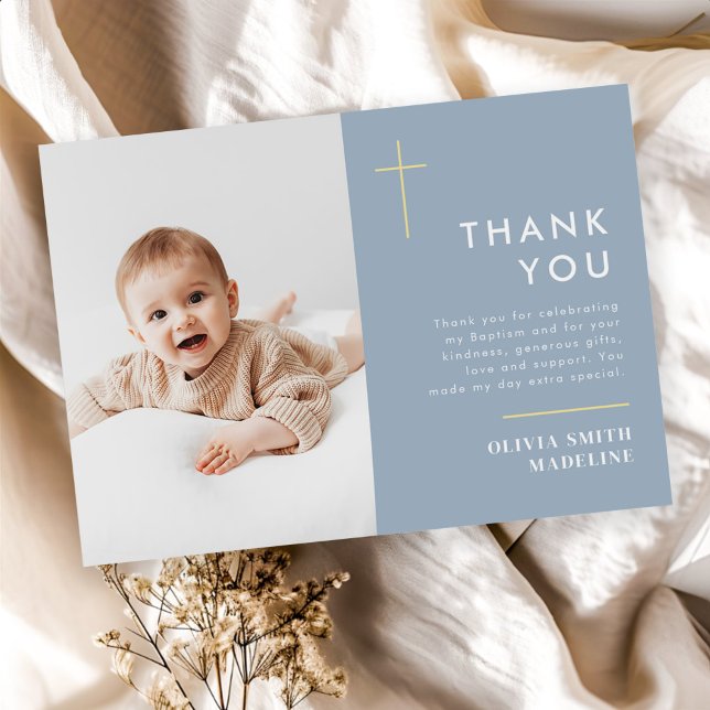 Modern Minimal Gold Cross Photo Baptism Thank You Card (Creator Uploaded)