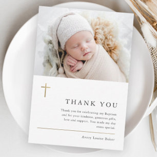 Modern Minimal Gold Cross Photo Baptism Thank You Postcard