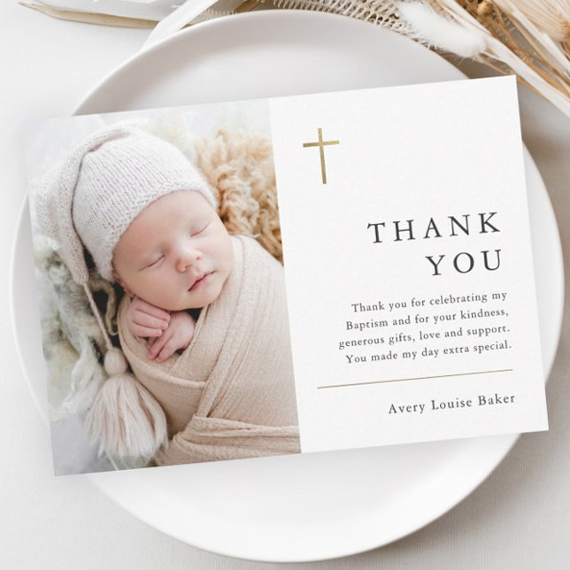 Modern Minimal Gold Cross Photo Baptism Thank You Postcard (Modern gold cross baby photo baptism thank you postcard.)