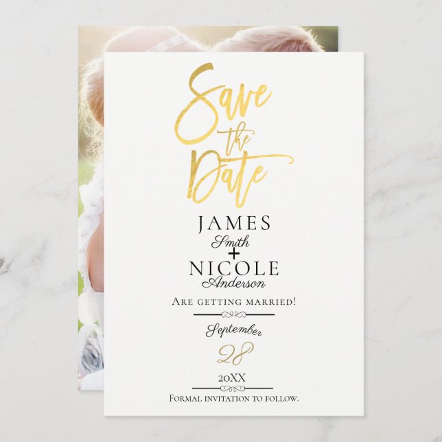 Modern Minimal Gold Foil Full Photo Save the Date Invitation (Front/Back)