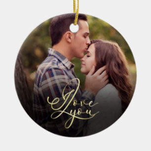 Modern Minimal Gold I Love You Typography Photo Ceramic Tree Decoration