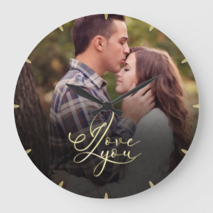 Modern Minimal Gold I Love You Typography Photo Large Clock