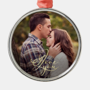 Modern Minimal Gold I Love You Typography Photo Metal Tree Decoration