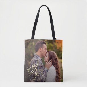 Modern Minimal Gold I Love You Typography Photo Tote Bag
