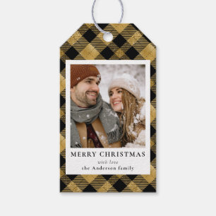 Modern Minimal Gold Plaid Christmas Family Photo Gift Tags