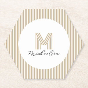 Modern Minimal Gold Stripes Monogram Paper Coaster