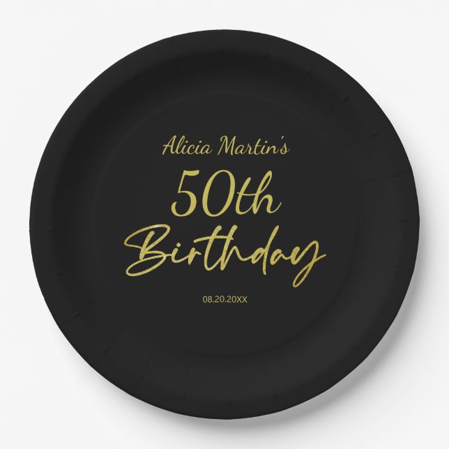 Modern & Minimal Gold Typography Black Birthday Paper Plate (Front)