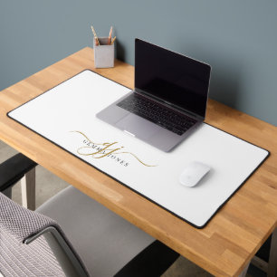 Modern Minimal Gold White Script Monogram Desk Mat