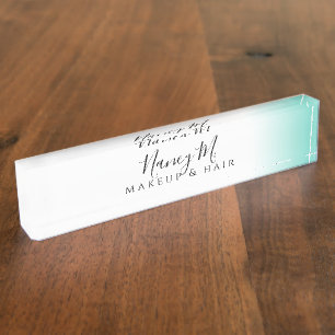 Modern minimal gradient mint white makeup & hair nameplate
