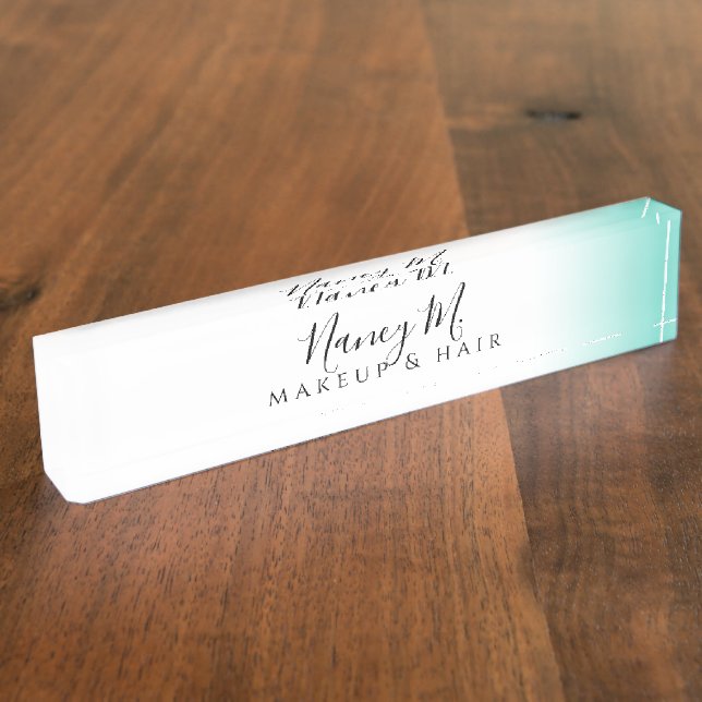 Modern minimal gradient mint white makeup & hair nameplate (Side)