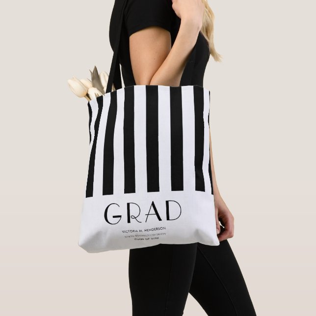 Modern Minimal Graduation Black and White Stripe Tote Bag (Close Up)