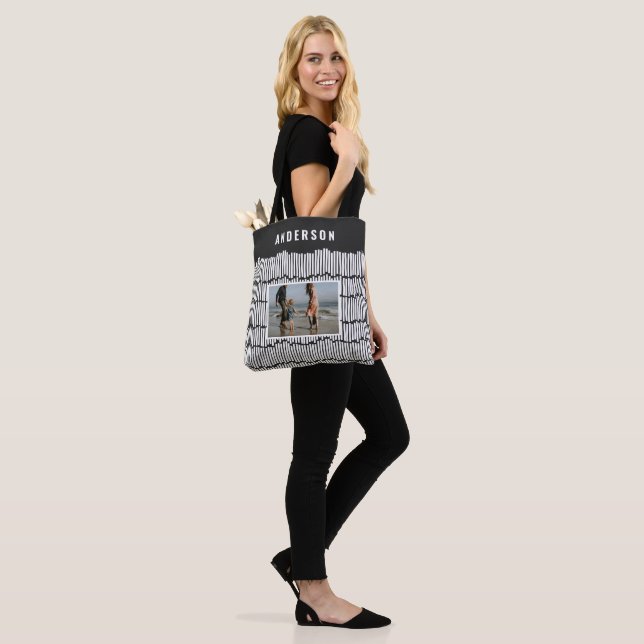 Modern minimal graphic photo black and white tote bag (On Model)