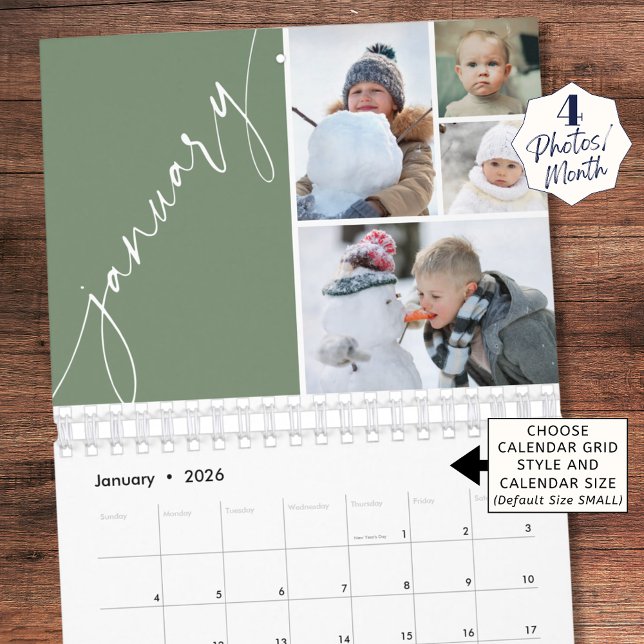 Modern Minimal Green 4 Photos Per Month Calendar (Creator Uploaded)