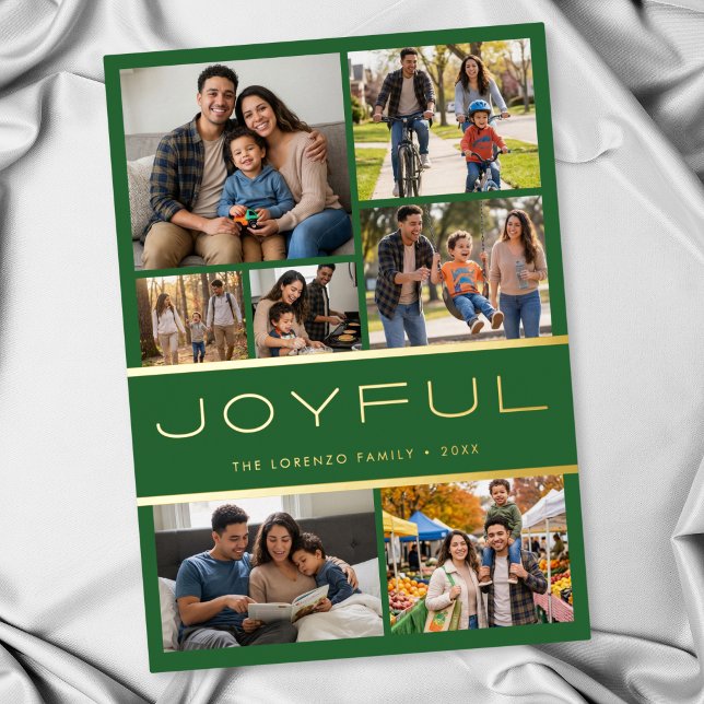 Modern Minimal Green 7 Photo Collage Joyful (Modern Minimal Green 7 Photo Collage Joyful Foil Holiday Card)