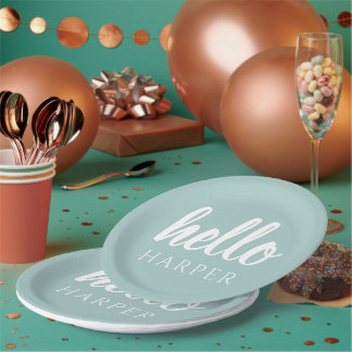 Modern Minimal Green And White Hello And You Name Paper Plate