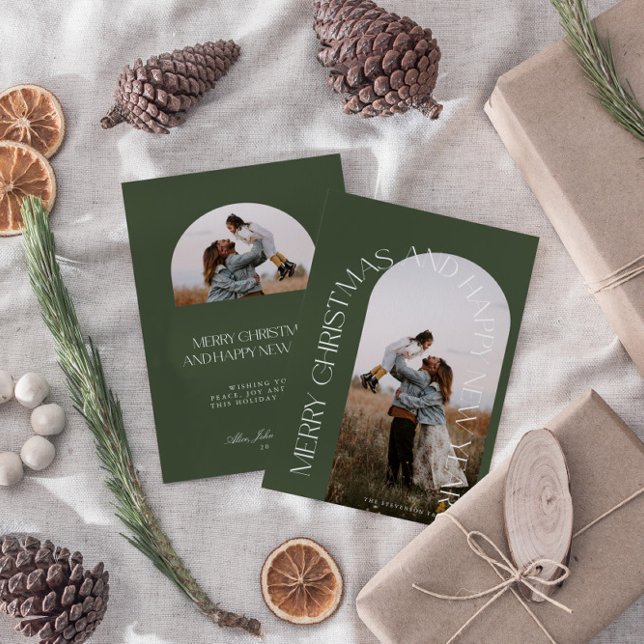 Modern Minimal Green Arch 2 Photo Merry Christmas  Holiday Card (Creator Uploaded)