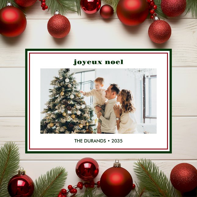 Modern Minimal Green Border Photo Joyeux Noel Holiday Card (Creator Uploaded)