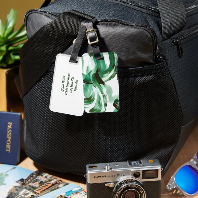 Modern Minimal Green Brush Strokes Abstract Luggage Tag (Front & Back)