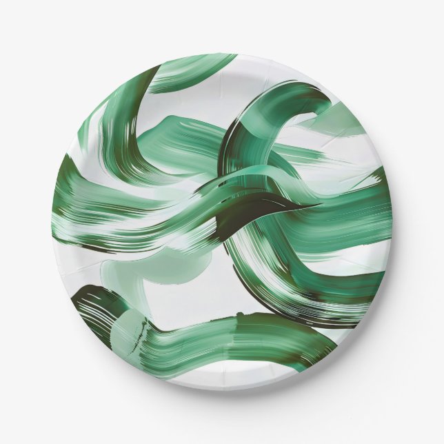 Modern Minimal Green Brush Strokes Abstract Paper Plate (Front)