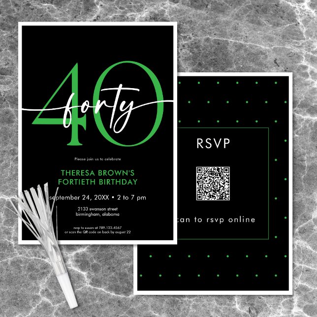 Modern Minimal Green Forty Script Birthday QR Invitation (Modern Minimal Green Forty Script Birthday QR Invitation)