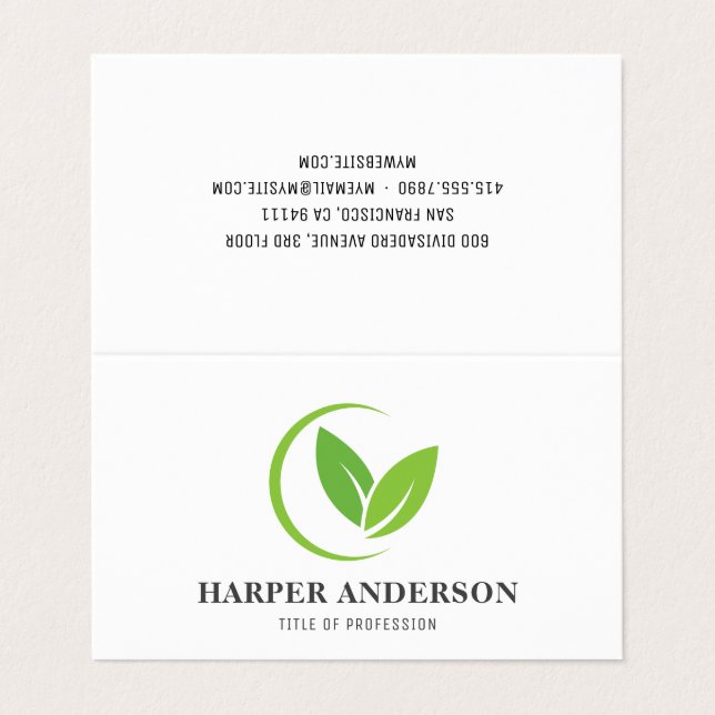 Modern Minimal Green Leaf Folded  Business Card (Outside Unfolded)