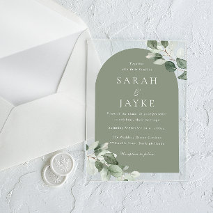 Modern Minimal Green Leaf Sage Arch Wedding Acrylic Invitations