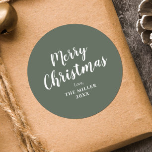 Modern Minimal Green Merry Christmas Family Classic Round Sticker