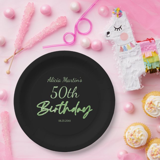 Modern & Minimal Green Typography Black Birthday Paper Plate (Party)