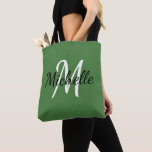 Modern Minimal Green & White Monogram Tote Bag<br><div class="desc">Reusable tote bag with a modern, minimal green background and white custom monogram first initial and first name.</div>