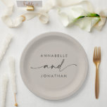 Modern minimal grey script contemporary wedding paper plate<br><div class="desc">Modern classy typography bold wedding favour decor paper plate. With modern,  elegant simple minimal typography. Grey beige colour can be customised.</div>