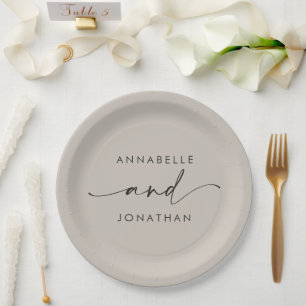 Modern minimal grey script contemporary wedding paper plate