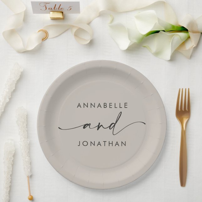 Modern minimal grey script contemporary wedding paper plate (Wedding)