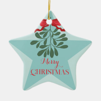 Modern minimal hand drawn leaves red bow christmas ceramic tree decoration
