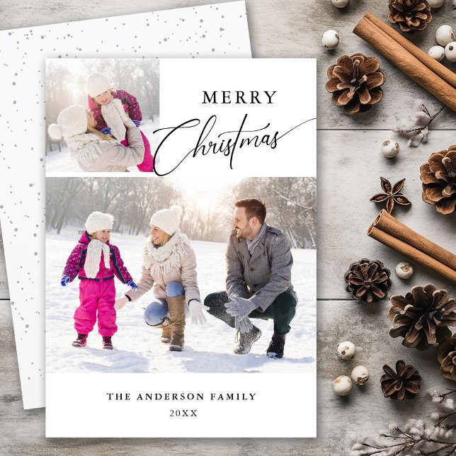 Modern Minimal Handwriting 2 Photo Merry Christmas Holiday Card (Creator Uploaded)