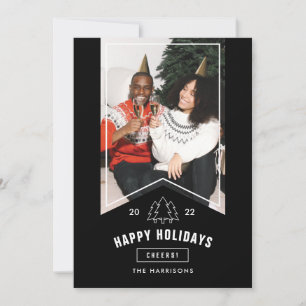 Modern Minimal Happy Holidays Photo Black Ribbon Holiday Card