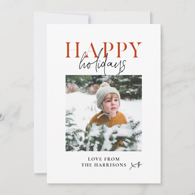 Modern Minimal Happy Holidays Script Kids Photo Holiday Card (Front)
