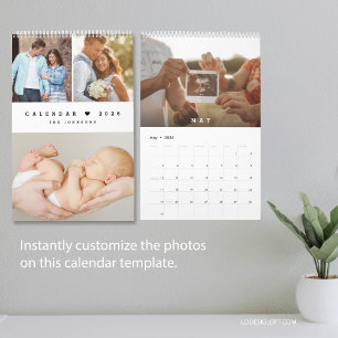Modern Minimal Heart Customisable Family Photo Calendar