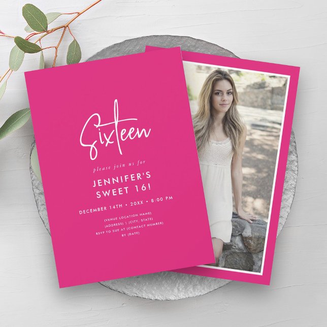 Modern Minimal Hot Pink Photo Sweet 16  Invitation (Modern Minimal Hot Pink Photo Sweet 16 Invitation)